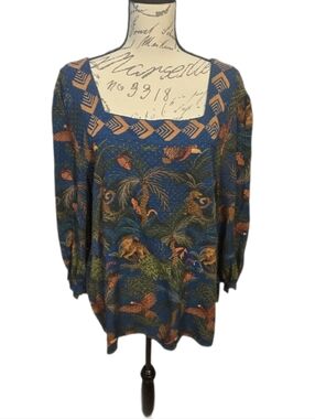 FARM RIO Boho Square-Neck Tunic in Navy with Rust & Olive Print Sz XL